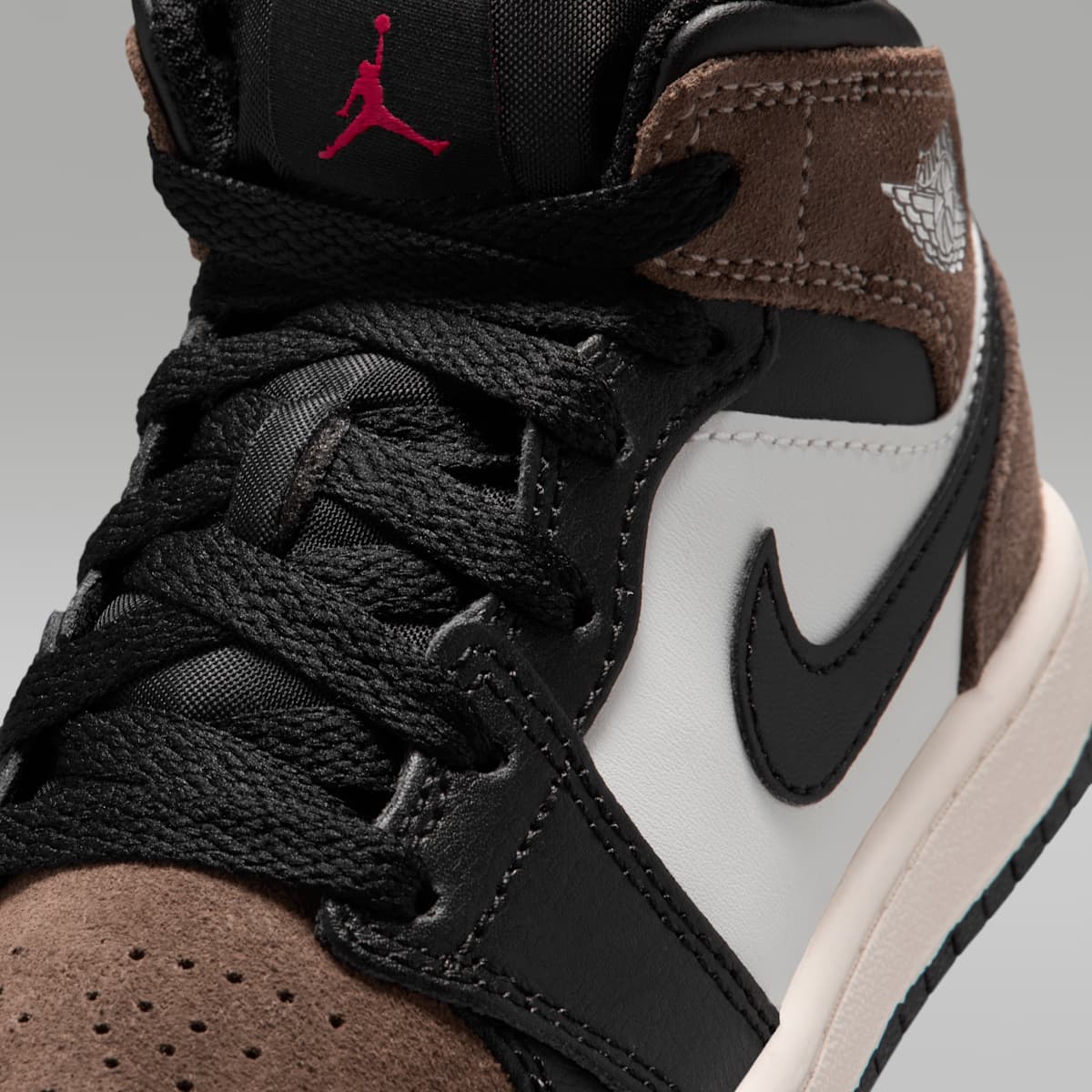 Jordan 1 Mid Little Kids' Shoes - Black/Palomino/University Red/Phantom - Image 7