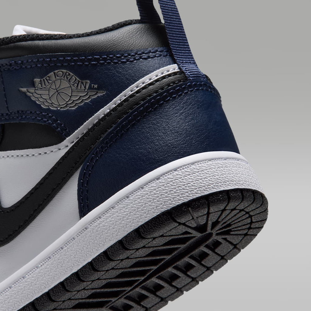 Jordan 1 Mid Little Kids' Shoes - White/College Navy/White/Tech Grey - Image 8