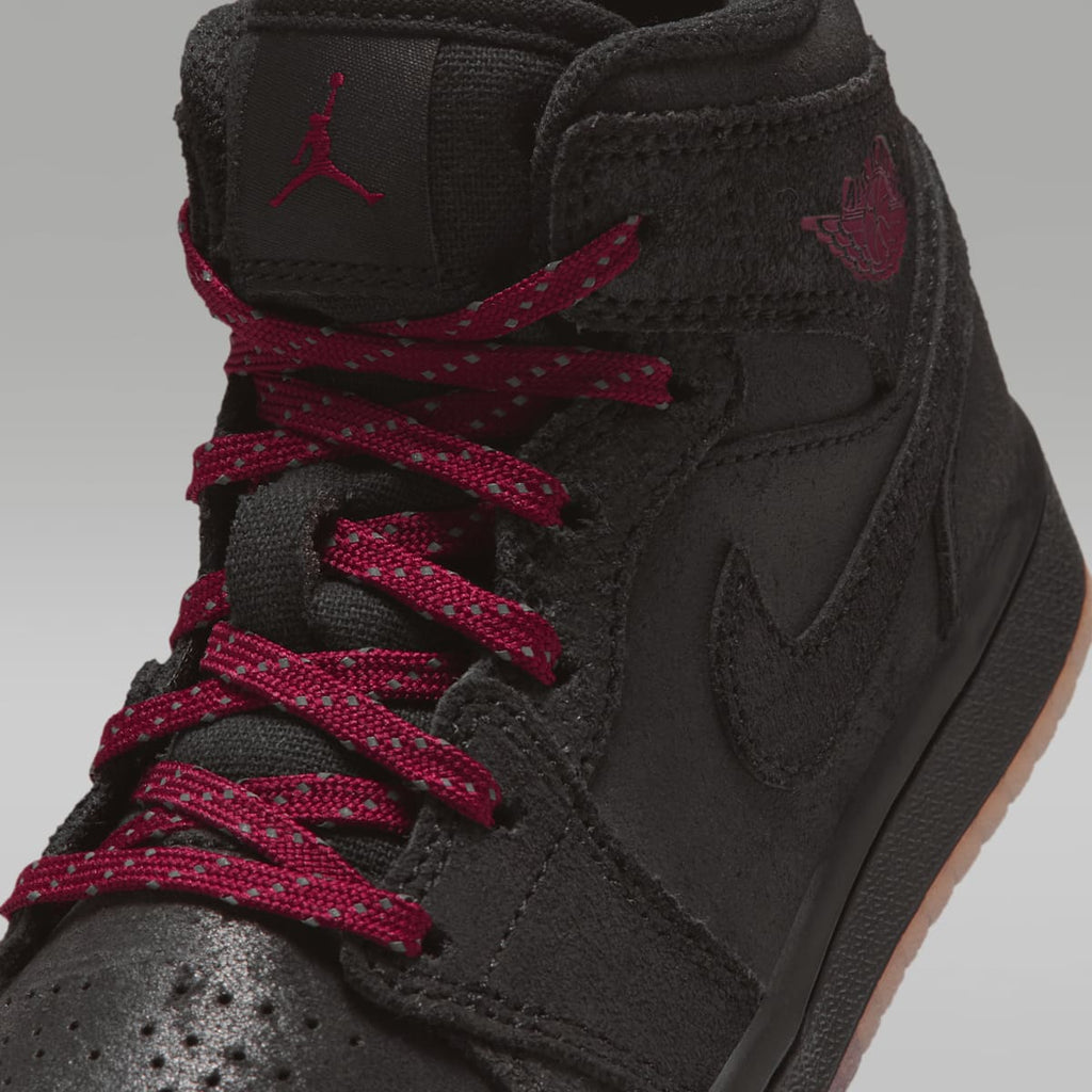 Jordan 1 Mid SE Little Kids' Shoes - Black/Gum Medium Brown/Team Red - Image 7
