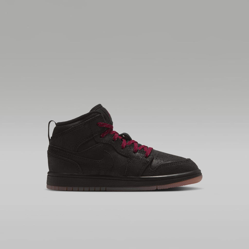 Jordan 1 Mid SE Little Kids' Shoes - Black/Gum Medium Brown/Team Red