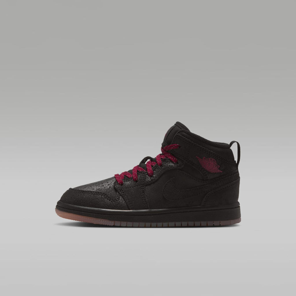 Jordan 1 Mid SE Little Kids' Shoes - Black/Gum Medium Brown/Team Red - Image 1