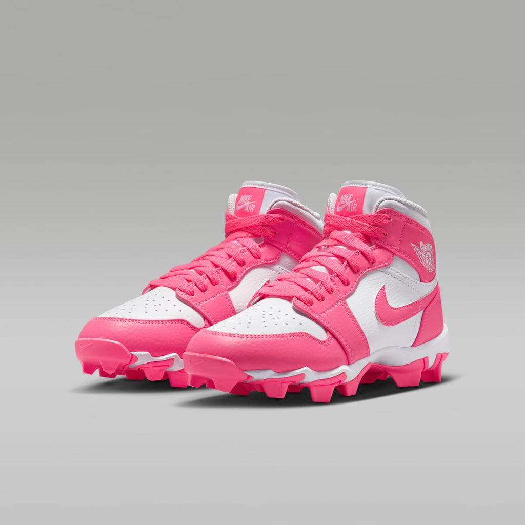 Jordan 1 Mid Little/Big Kids' Cleats - White/Sunset Pulse/Digital Pink