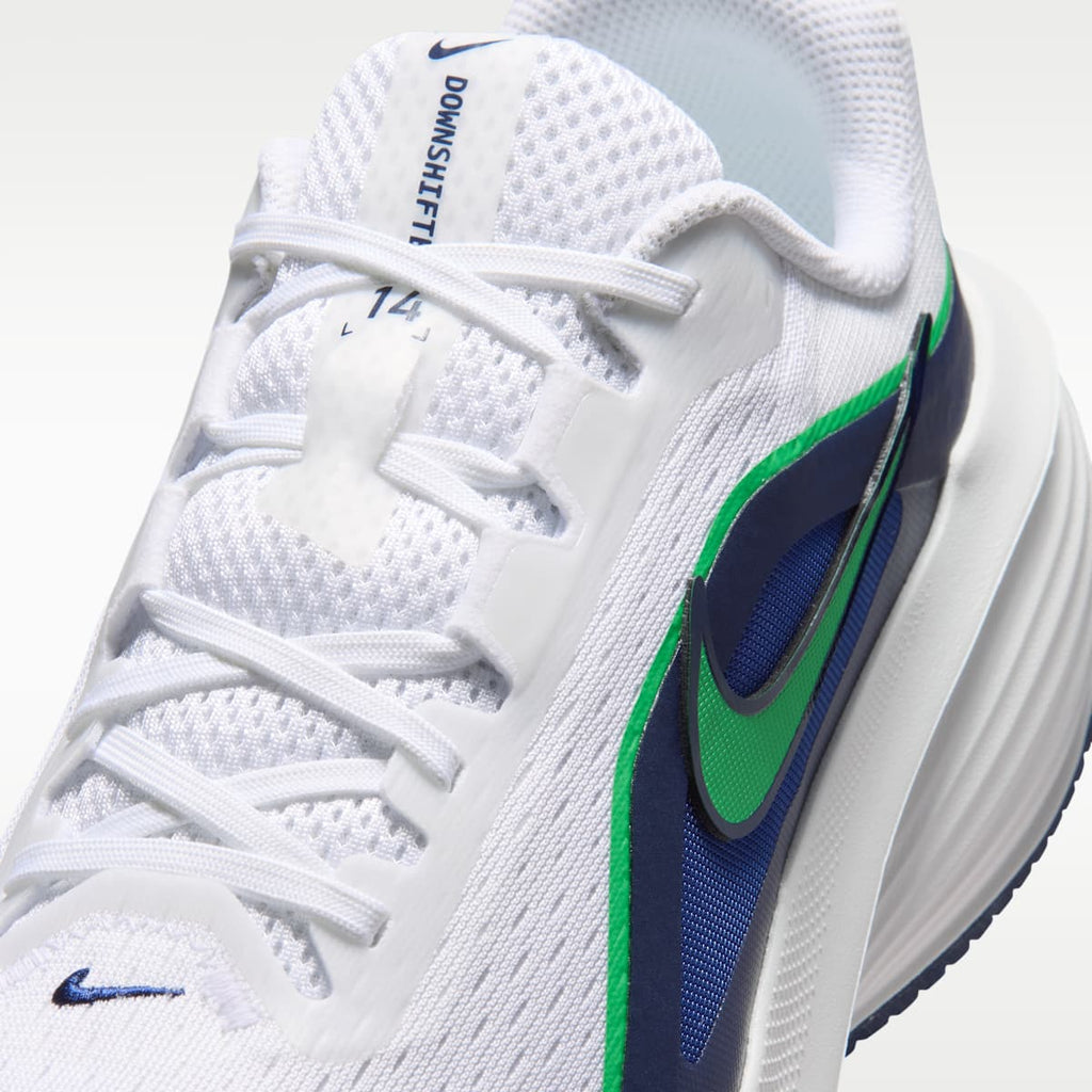 Nike Downshifter 14 Men's Road Running Shoes (Wide) - White/Midnight Navy/Summit White/Green Spark - Image 7