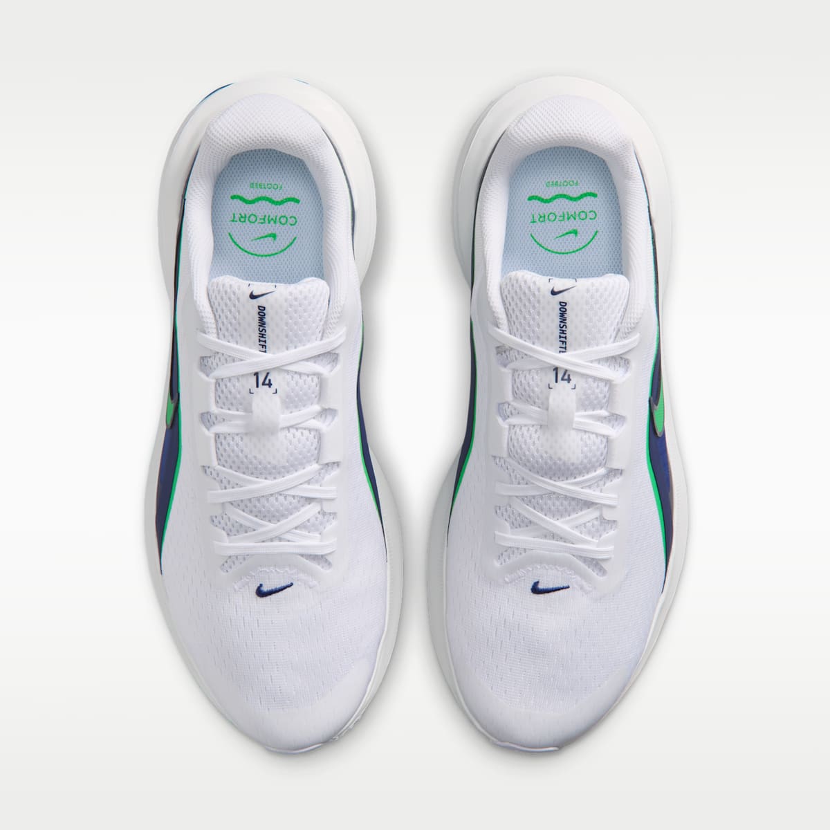 Nike Downshifter 14 Men's Road Running Shoes (Wide) - White/Midnight Navy/Summit White/Green Spark - Image 4