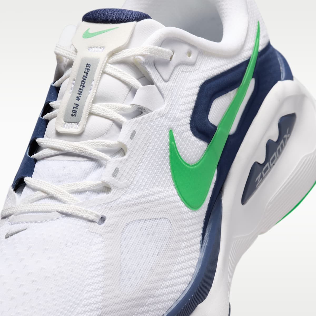 Nike Structure Plus Men's Road Running Shoes - White/Midnight Navy/Summit White/Green Spark - Image 7