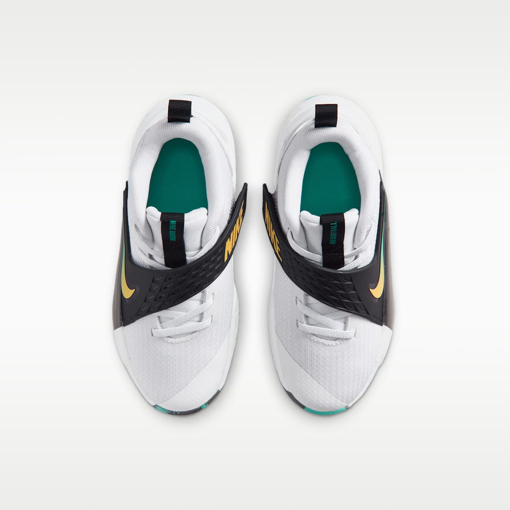 Nike Team Hustle D 12 Little Kids' Shoes - White/Black/Clear Emerald/Topaz Gold