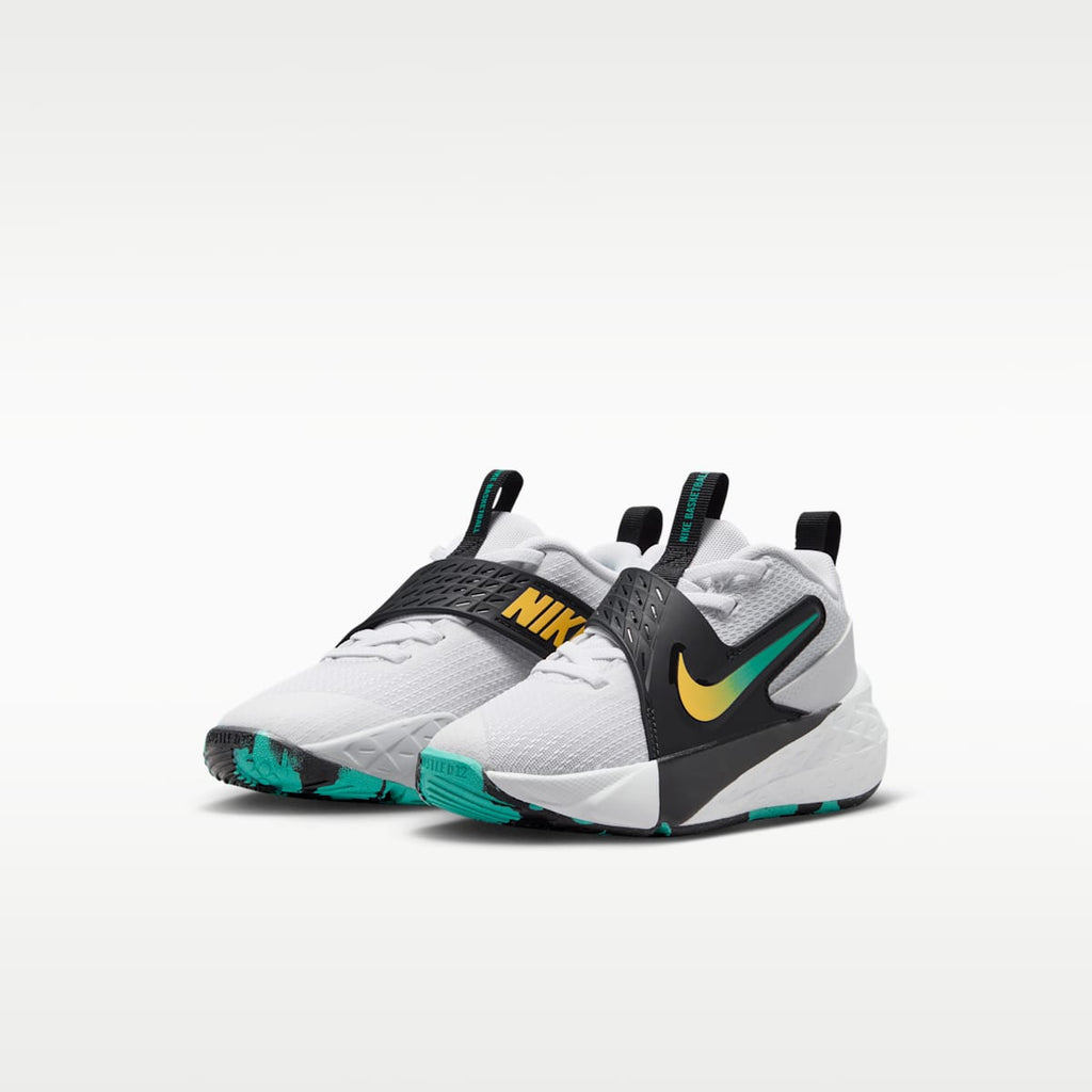Nike Team Hustle D 12 Little Kids' Shoes - White/Black/Clear Emerald/Topaz Gold