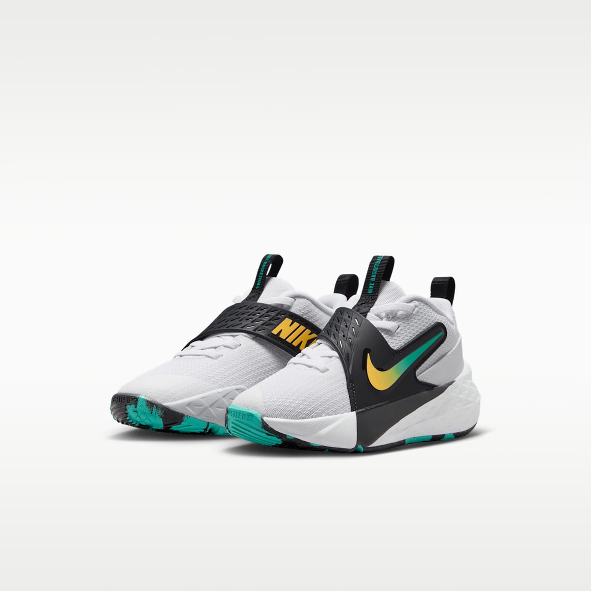 Nike Team Hustle D 12 Little Kids' Shoes - White/Black/Clear Emerald/Topaz Gold
