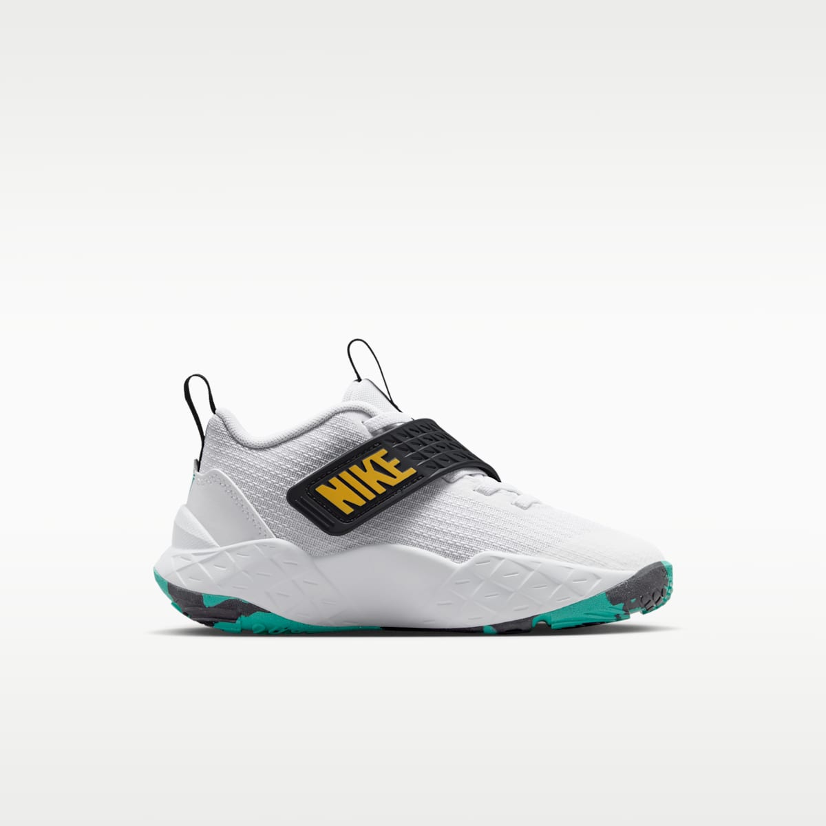 Nike Team Hustle D 12 Little Kids' Shoes - White/Black/Clear Emerald/Topaz Gold
