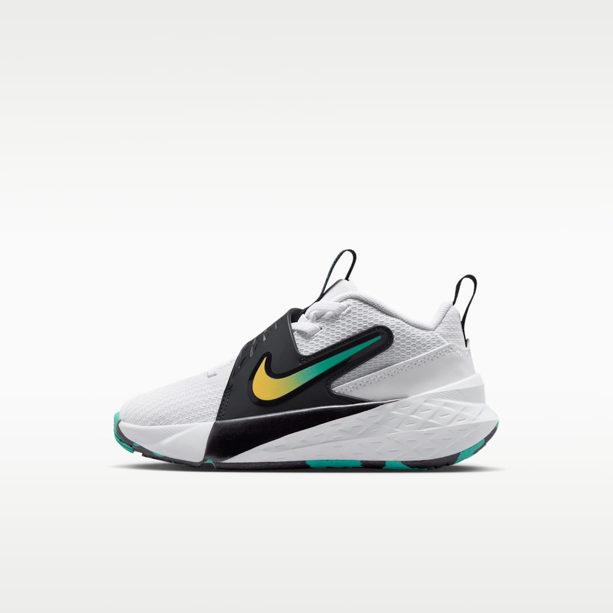 Nike Team Hustle D 12 Little Kids' Shoes - White/Black/Clear Emerald/Topaz Gold